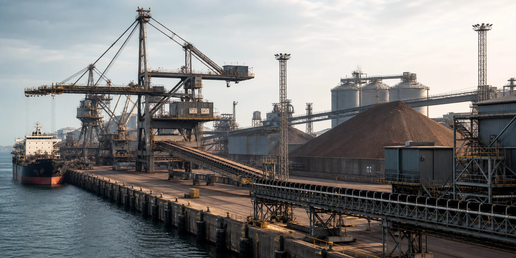 Industrial port with cranes, conveyors and bulk material infrastructure